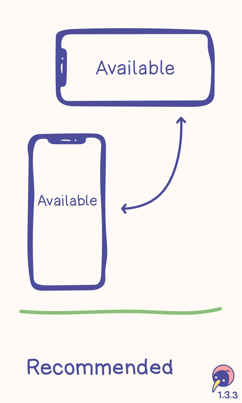 Sketch with recommendation. The outlines of a smartphone are shown in landscape and portrait with the text “Available” on their screens.